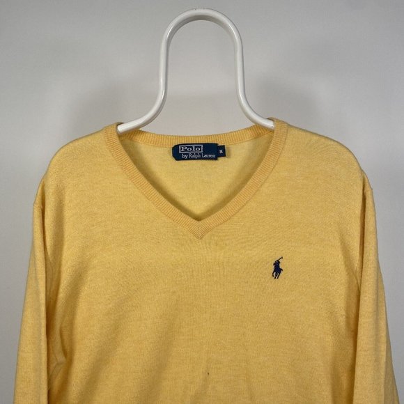 Polo Ralph Lauren 100% Merino Wool Jumper V-Neck Sweater Yellow Medium - Picture 2 of 14